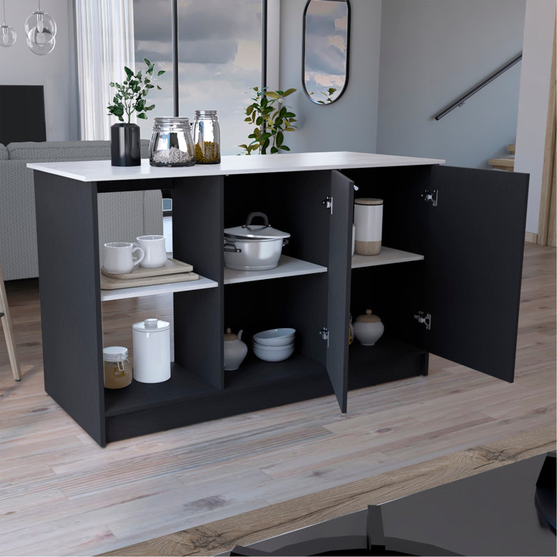 Kitchen Island with Large Top Surface, Double Door Cabinet, and Open Shelves, Ivory/Black
