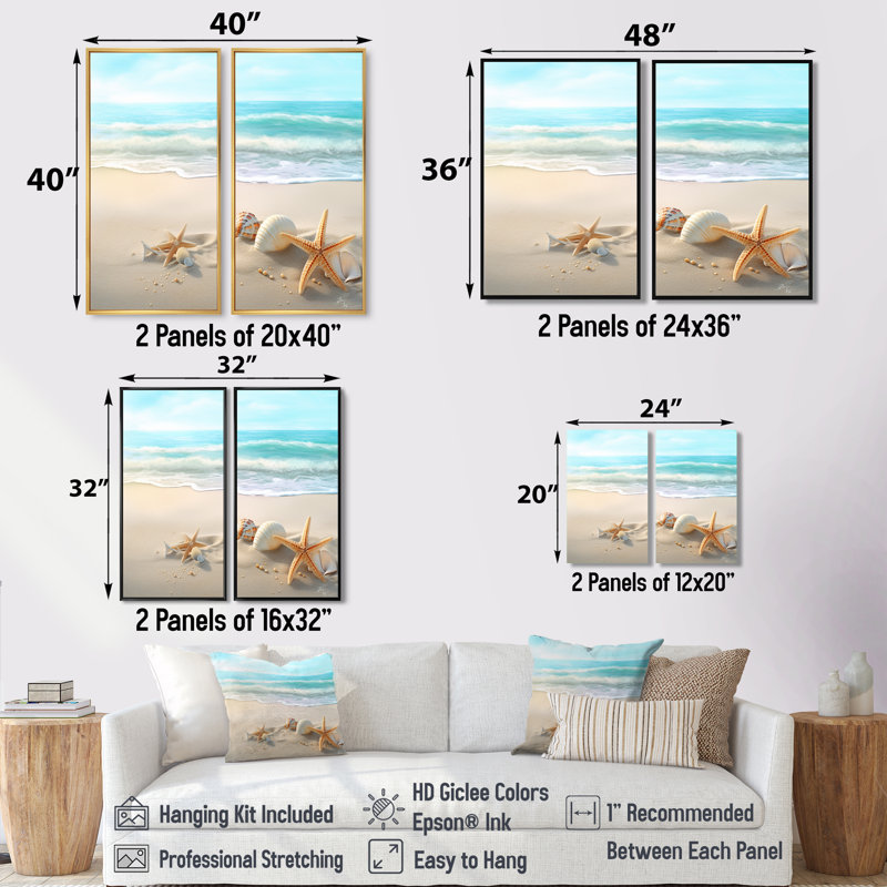Étoile de mer et coquillages I - décor mural moderne plage 2 panneaux, H 36 po x l 48 po, Impression encadrée flottante, Noir