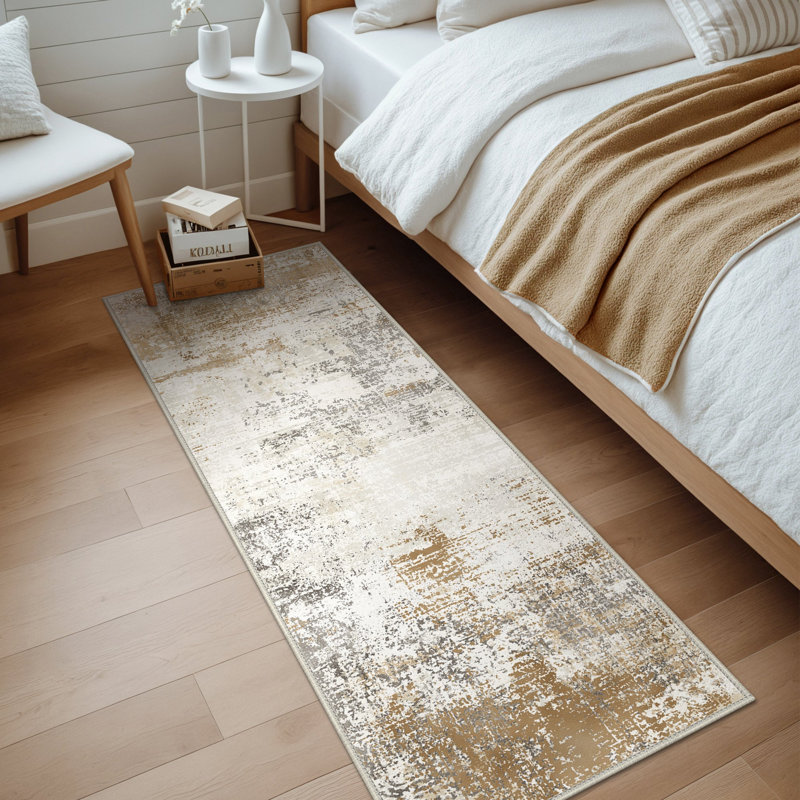 Abstract Machine Printed Area Rug, Runner 60 x 120 cm, Gold/Grey/Ivory