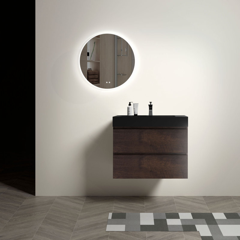 Meuble-lavabo mural de 30 po avec lavabo, grand meuble-lavabo flottant mural pour salle de bain moderne, lavabo une pièce noir sans drain ni robinet, pré-assemblé