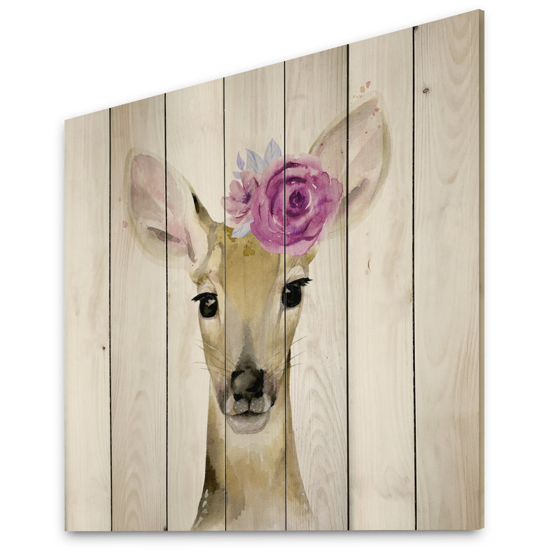 Fauve avec fleur rose - impression traditionnelle sur bois, H 16 po x l 16 po x P 1 po