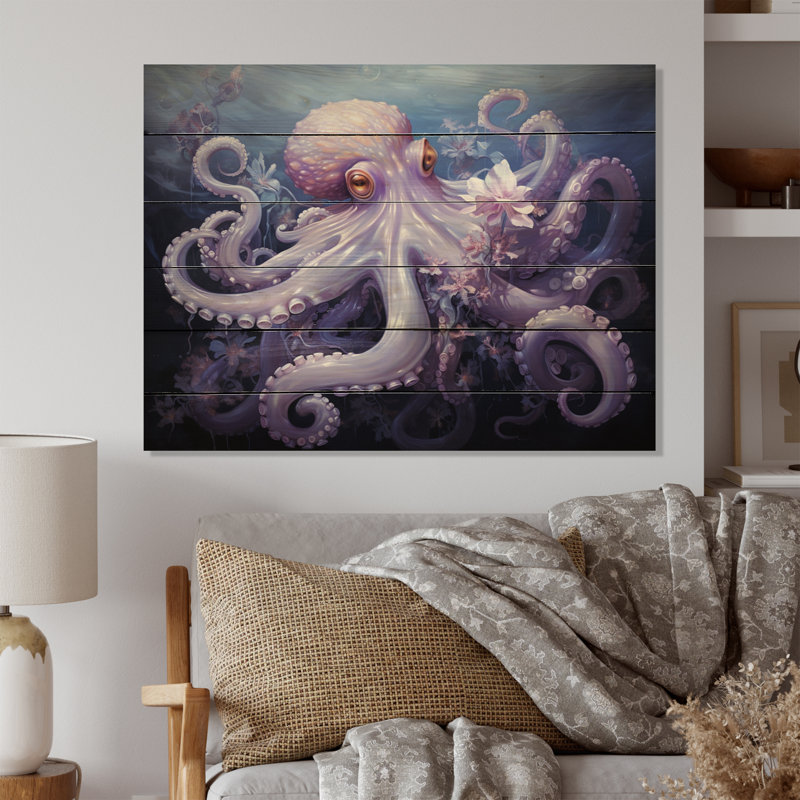 Pieuvre mauve, reflets lunaires III sur bois, H 24 po x l 32 po x P 0,78 po