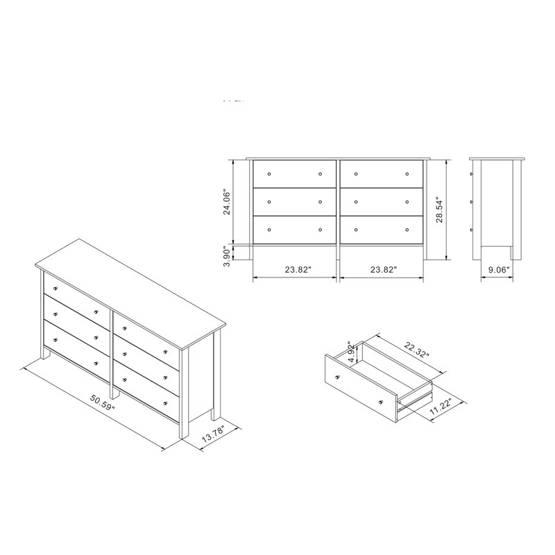Commode double 6 tiroirs l 52,56 po Frisco, Chêne gris rétro