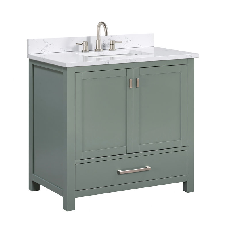 Modero 36" Single Bathroom Vanity with Top, Smoke Green, Brushed Nickel, Cala White Marble
