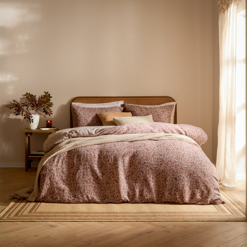 Perrie Leaf Cotton Floral Duvet Cover Set with Pillowcases Included, Brown, Kingsize Duvet Cover Set + 2 King Pillowcases