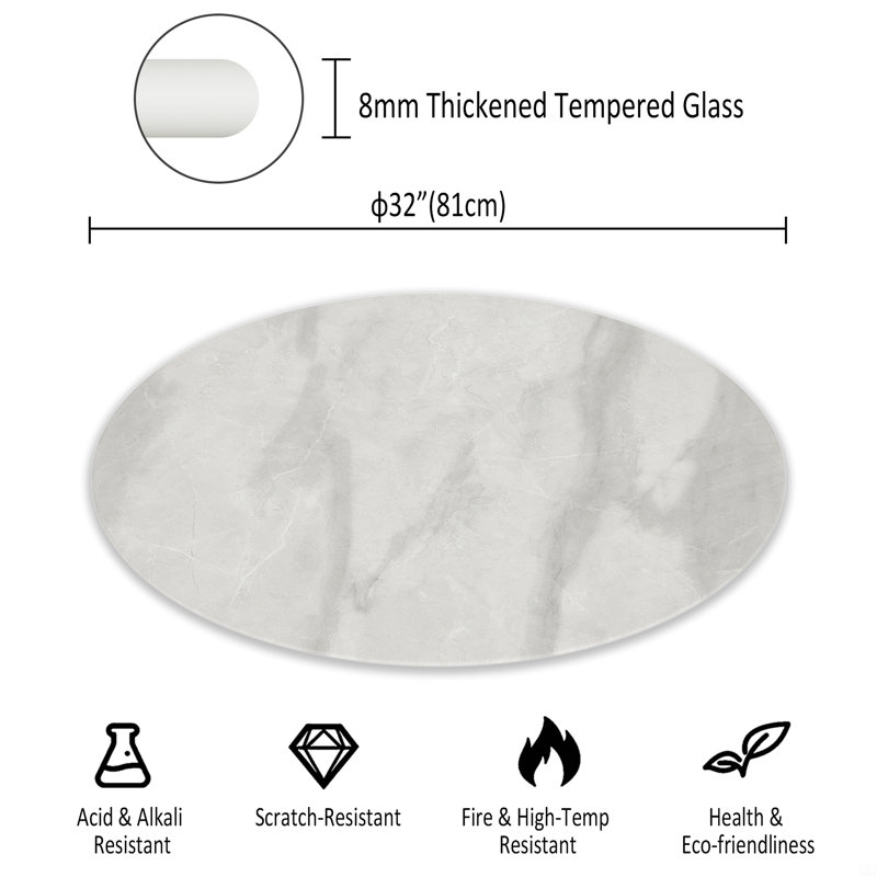 32"Inch Round Tempered Glass Table Top, 0.31" H x 32" L x 32" W, Gray