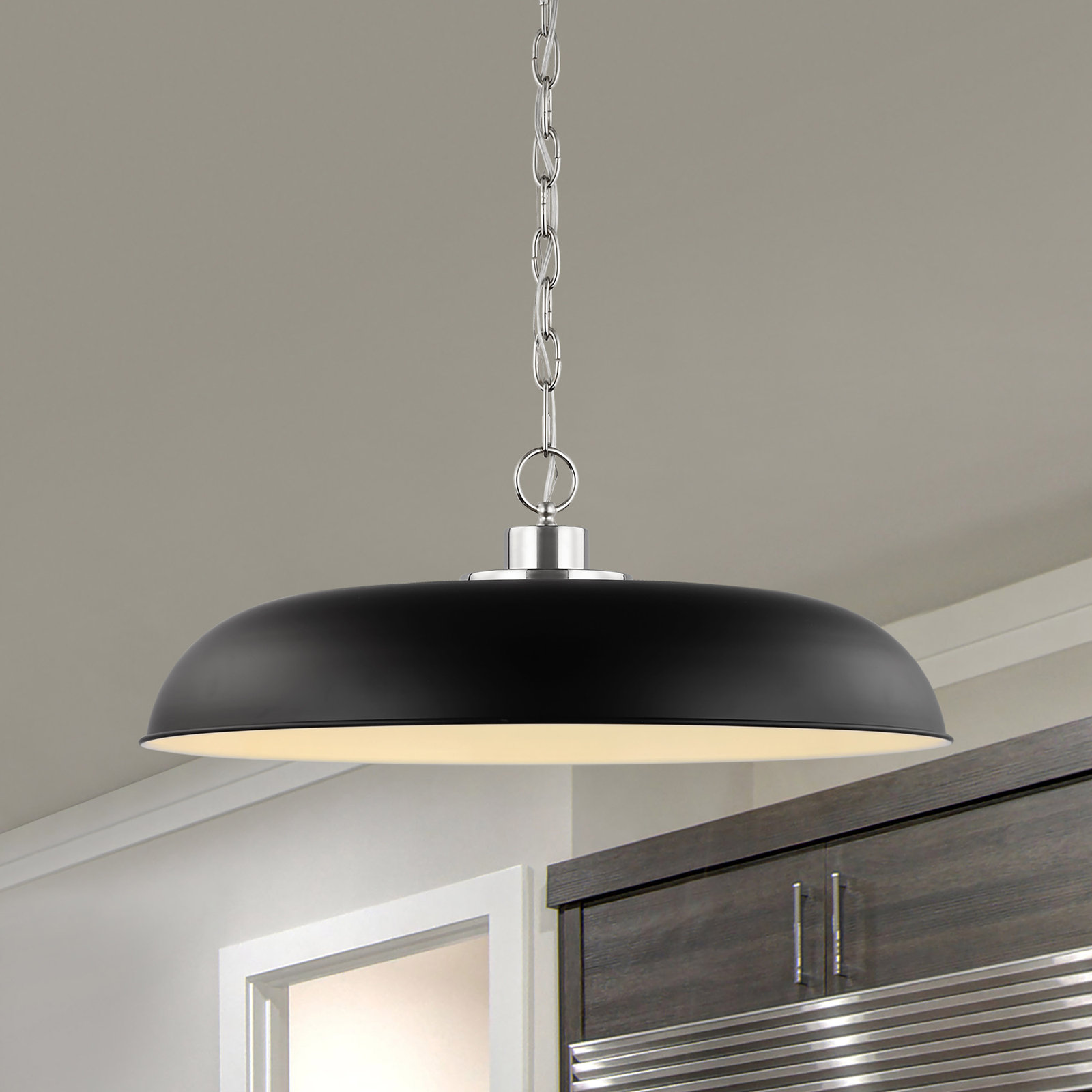 Eddy Dimmable Dome Single Light Pendant, 8" H x 24" W x 24" D, Matte Black/Polished Nickel
