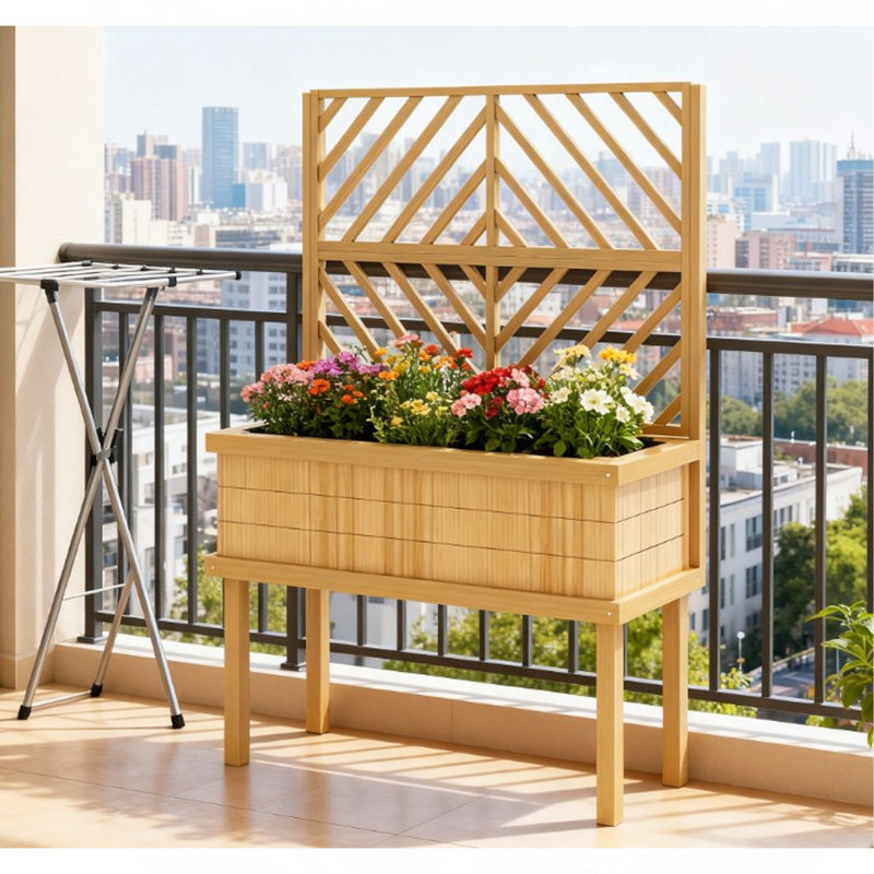 Self-Draining Raised Garden Bed,Elevated Wood Planter With Trellis For Climbing Plants,With Legs And Drainage Holes