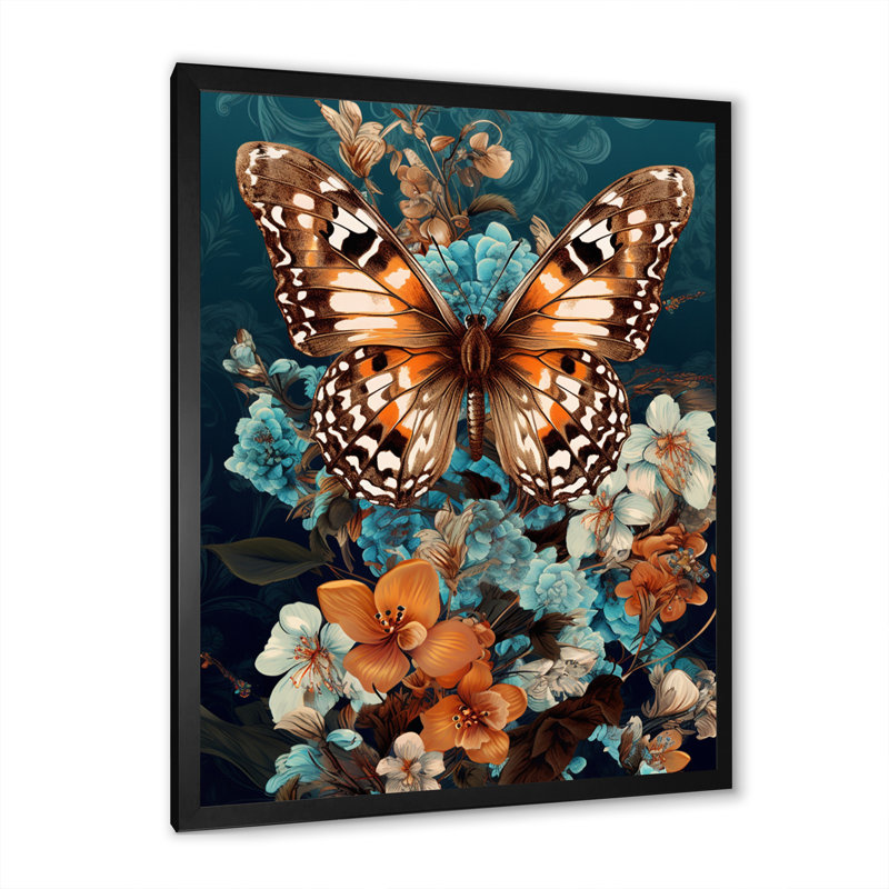 Gracieux papillon brun sur des orchidées rétro I, H 40 po x l 30 po x P 1,5 po, Cadre simple noir