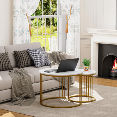 Coffee Table Set, 2-Piece Modern End/Side Tables For Small Spaces – White & Gold
