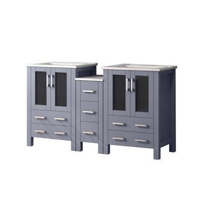 Meuble-lavabo double avec armoire latérale et plateau en céramique blanche