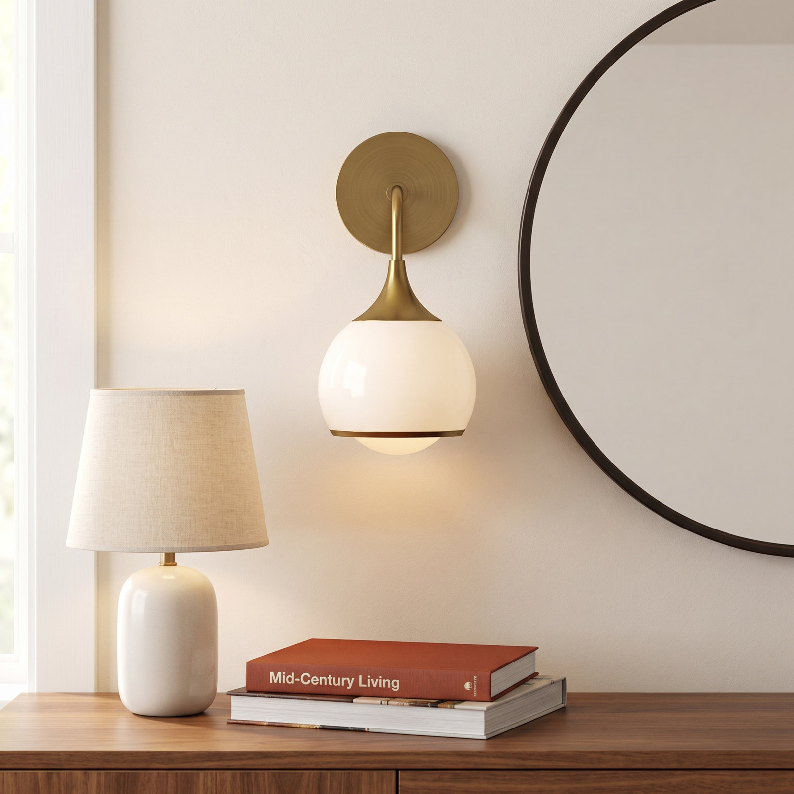 Kegan Single Light Dimmable Armed Sconce, Aged Brass