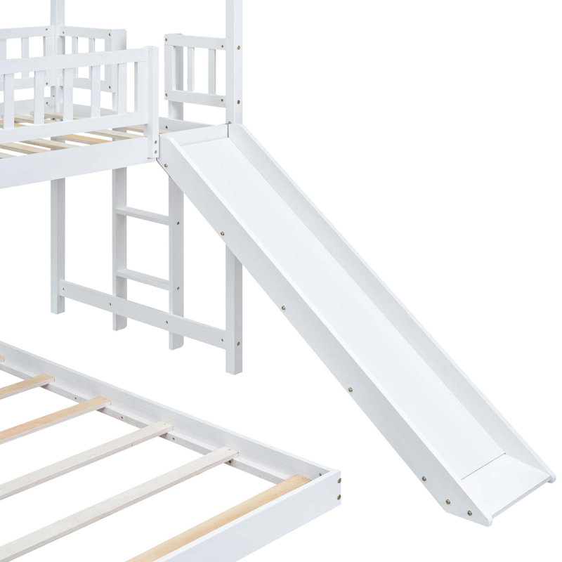 Lit superposé House avec glissière et échelle intégrée, garde-corps sur toute la longueur, White