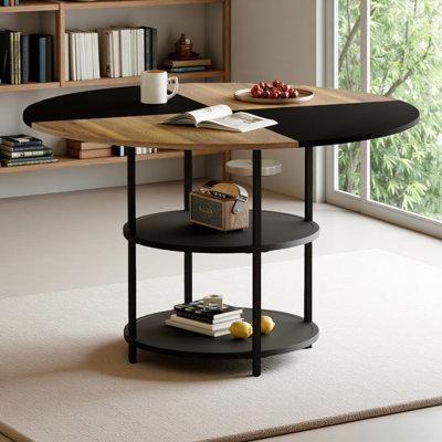 Table de salle à manger circulaire de 47,3 pouces de diamètre avec épissure moderne - rangement double couche, couleur diagonale en bois et noire en forme d'éventail, interprétant l'esthétique et la fonctionnalité de la maison.