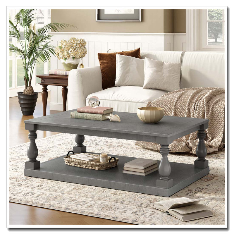 Table basse vintage avec pieds en colonne et placage de pin, Gris, H 17,7 po x L 45,2 po x l 28,3 po