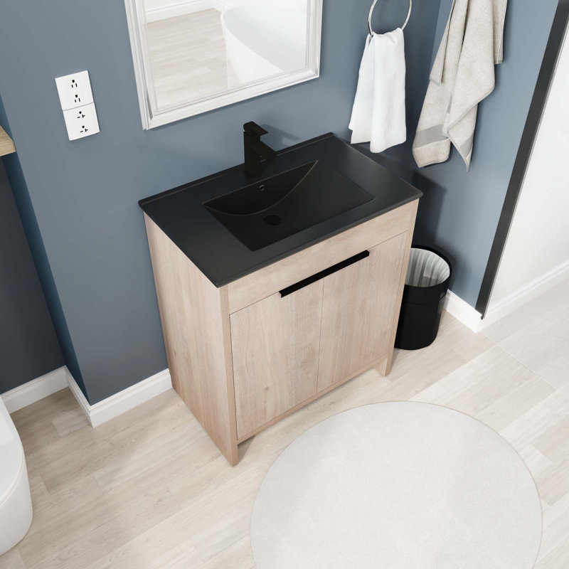 Meuble-lavabo autoportant avec lavabo en céramique, Chêne clair uni, Noir, noir, noir, noir