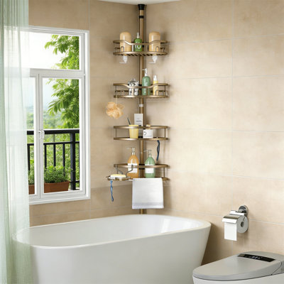 4-Tier Adjustable Corner Shower Caddy Tension Pole, Rustproof Bathroom Organizer With Soap Rack, 47-121 Inch, Matte Gold