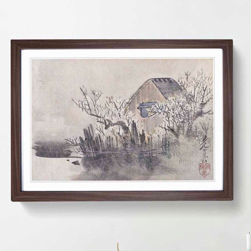 Hut by the Lake by Shibata Zeshin - Picture Frame Art Print, 36cm H x 48cm W x 2cm D, Walnut Framed