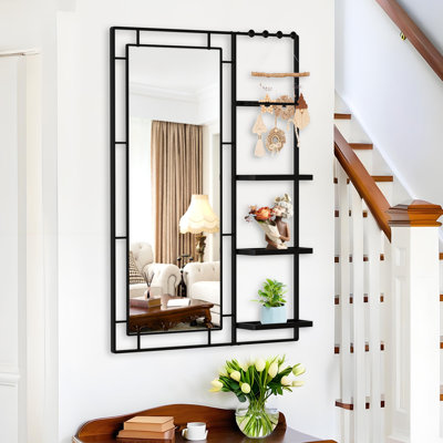 Large 30X44 Bathroom Mirror With Shelf - Black Frame For Bedroom & Living Room Clear Glass, Rust-, Modern Metal Mirror, Dressing Rust-, Construction