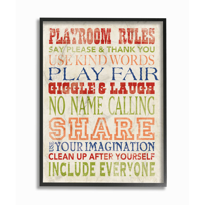 Elisheba Playroom Rules Art, H 20 po x l 16 po, Giclée encadrée noir minuit