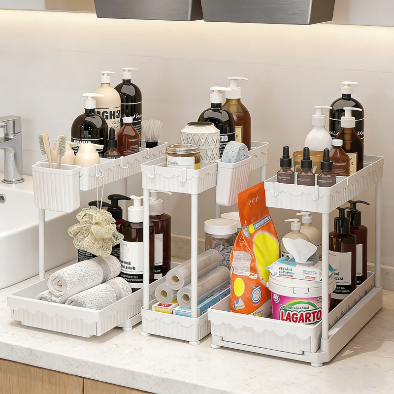 Rangement sous évier et rangement, ensemble de 3 armoires coulissantes en L à 2 niveaux avec crochets de suspension et panier en prime, solution de rangement polyvalente pour la cuisine et la salle de bain