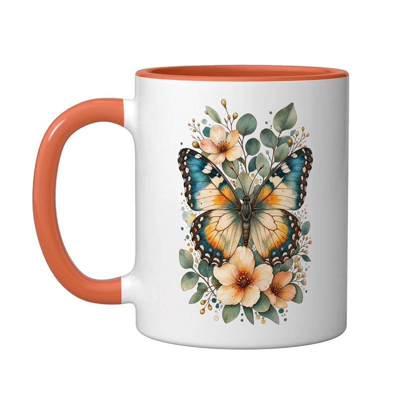 Butterfly With Flowers Ceramic Mug, 11oz, Orange