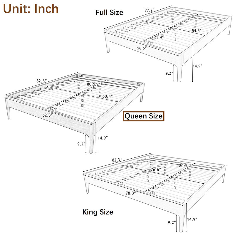 Retro Style Bed Frame, Platform Bed with Central Support Legs, Brown, Queen