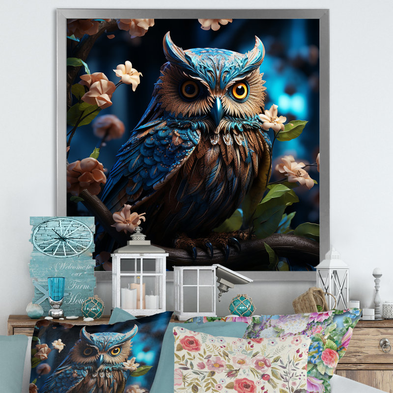 Blue Owls Moonlight Realm III sur toile, Cadre simple argenté, H 16 po x l 16 po x P 1 po