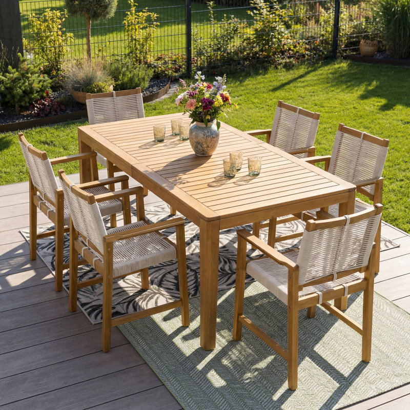 6-person Solid Wood 63"l Rectangular Outdoor Dining Table With 6 Handwoven Chairs, Easy To Set, Water Resistant Patio Furniture Set For 6 - Natural (7 Pieces)