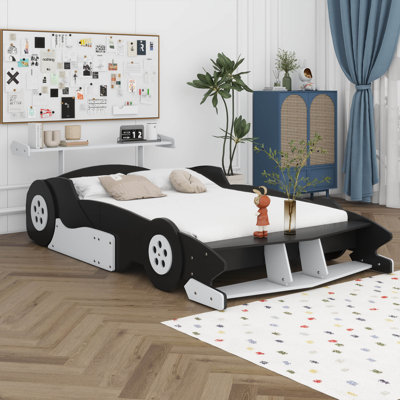 Full Size Platform Bed, Wooden Race Car-Shaped Bed With Wheels And Storage Shelf For Kids And Boys