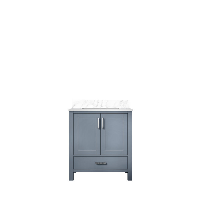 Gris foncé foncé 30 po Meuble-lavabo large avec surface en marbre, fabrication en bois massif, fermeture en douceur, une armoire intérieure, tiroir, tablette ouverte, pré-percé pour l'installation du robinet, salle de bain longue durée