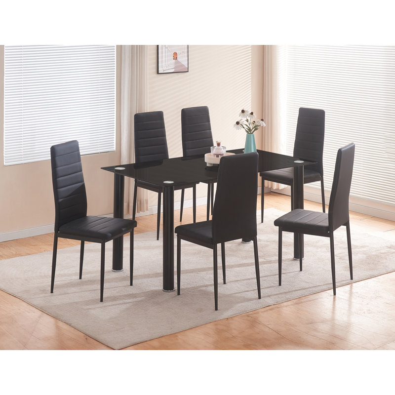 Ensemble de salle à manger 7 pièces avec table en verre et 6 chaises, cadre moderne en métal, noir