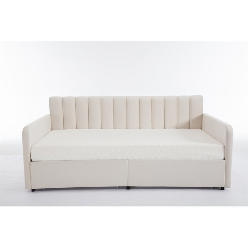 Flora Upholstered Daybed With 2 Drawers, Twin Velvet, Ribbed Tufted Backrest, Lavish Modern Design For Elegant Living