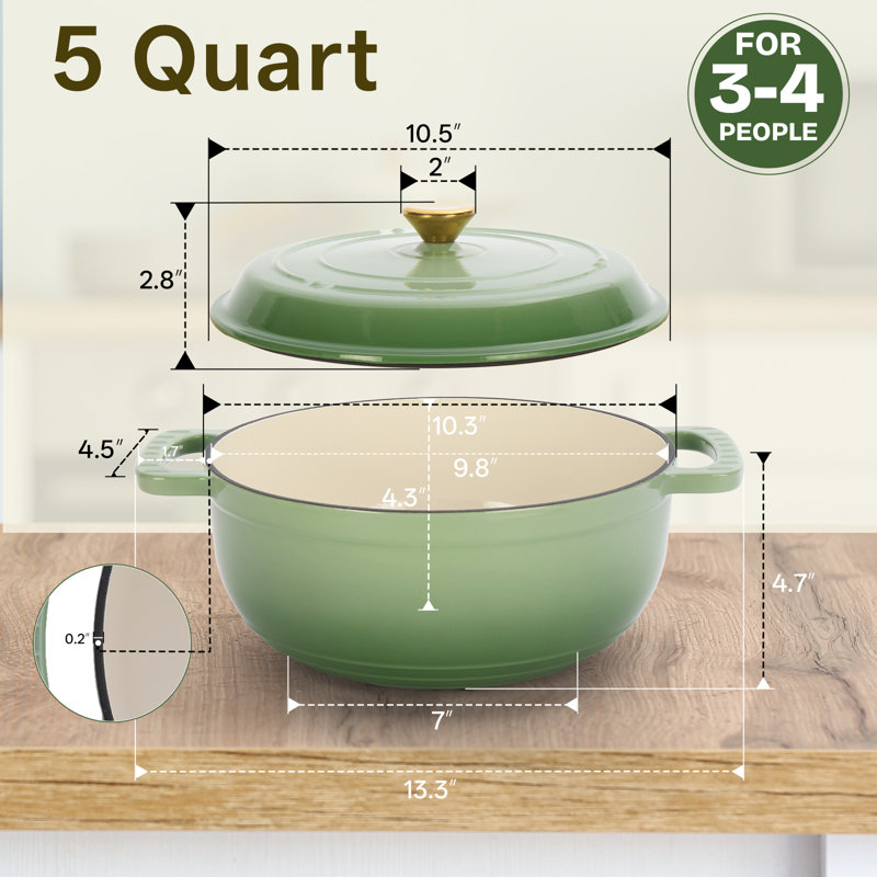 5 pintes Faitout rond en fonte en vert avec couvercle, Vert, 5 pte
