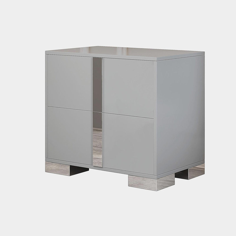 Table de chevet avec pied en métal, table de chevet avec miroir et 2 tiroirs, Gris