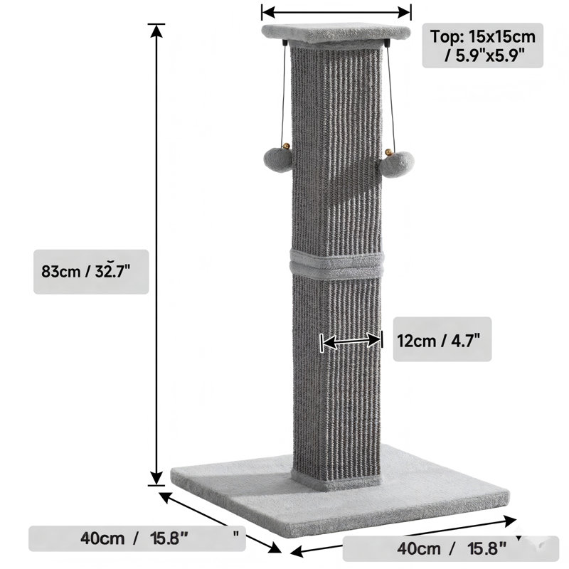 Grattoir pour chat 33 pouces avec base carrée robuste et 2 boules de suspension, gris