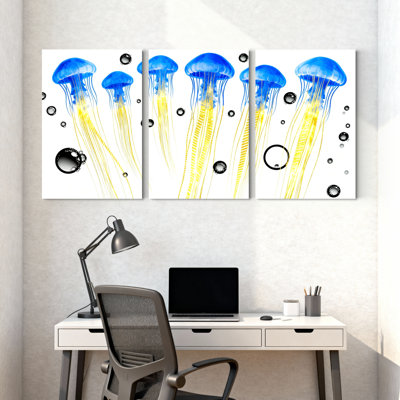 Ensemble de 3 impressions sur toile, méduse bleue et tentacules jaunes