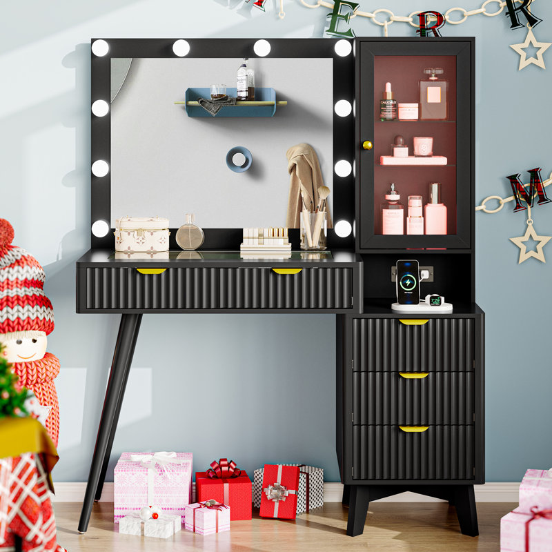 Bureau de coiffeuse cannelé avec miroir DEL, 5 tiroirs et armoire en verre RVB  , Noir