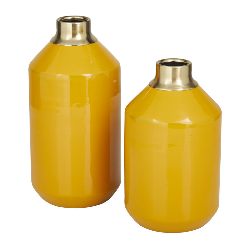 Metal Decorative Vase with Gold Rims Set, Yellow