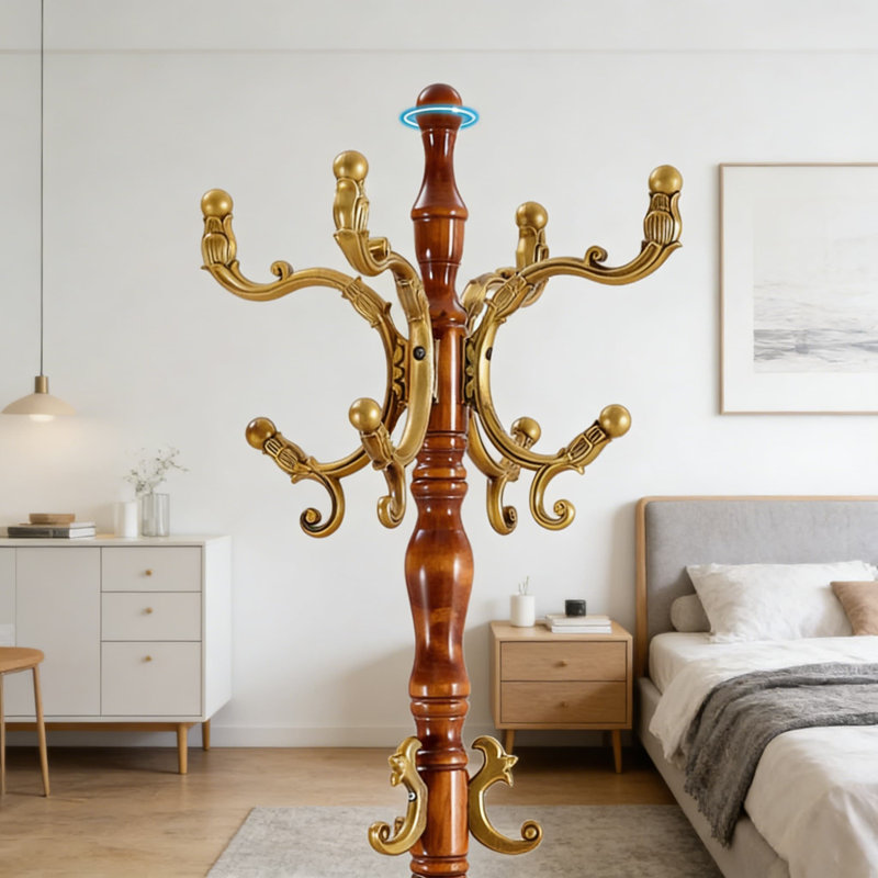 Freestanding Wood Coat Rack Tree Stand With 14 Hooks And Storage Tray, Sturdy Easy Assembly Entryway Hallway Bedroom Organizer For Coats Hats Bags