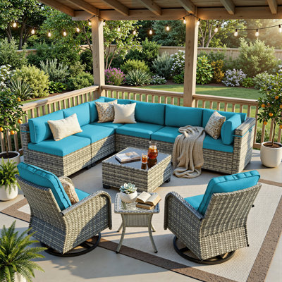 Ensemble de conversation modulaire en osier 10 pièces avec chaises berçantes pivotantes, table basse et table d'appoint, ensemble de conversation pour patio toutes saisons