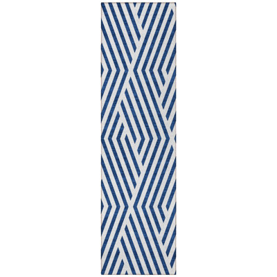 8' Runner Navy and White Geometric Washable Non Skid Indoor Outdoor Runner Rug