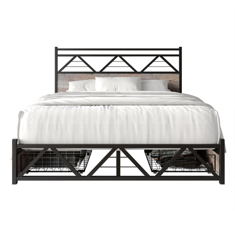 Full Metal Platform Bed With Storage In Natural Oak, Natural Oak, Queen
