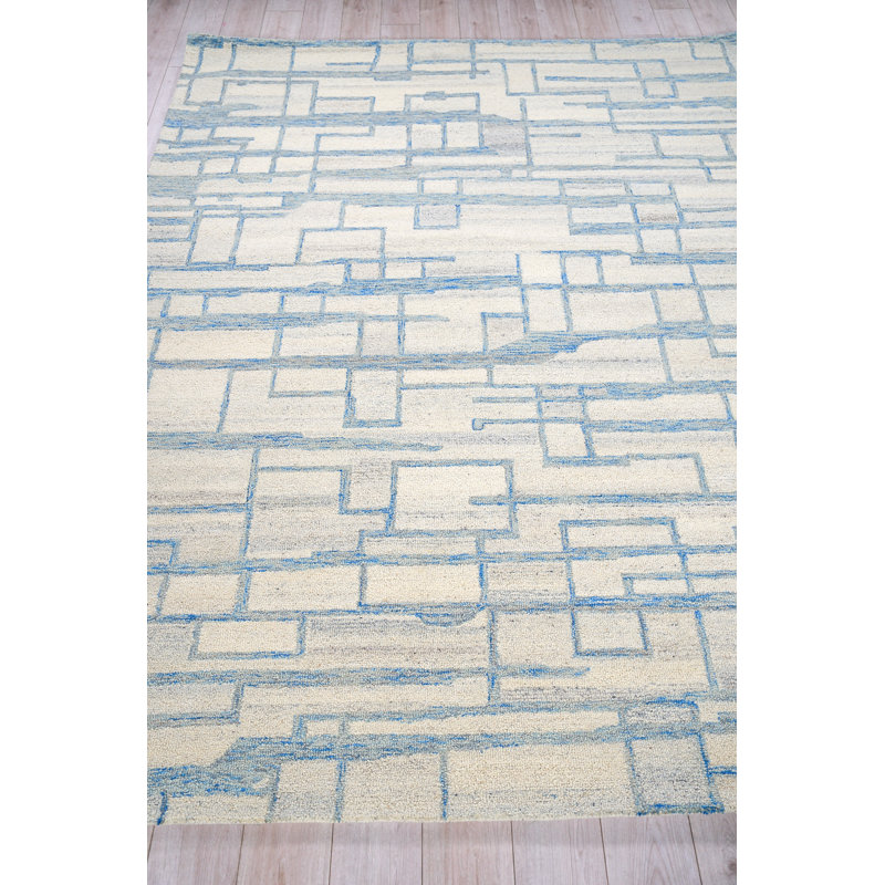 Ivory and Blue Hand-Tufted Wool Geometric Area Rug, 12' x 15'