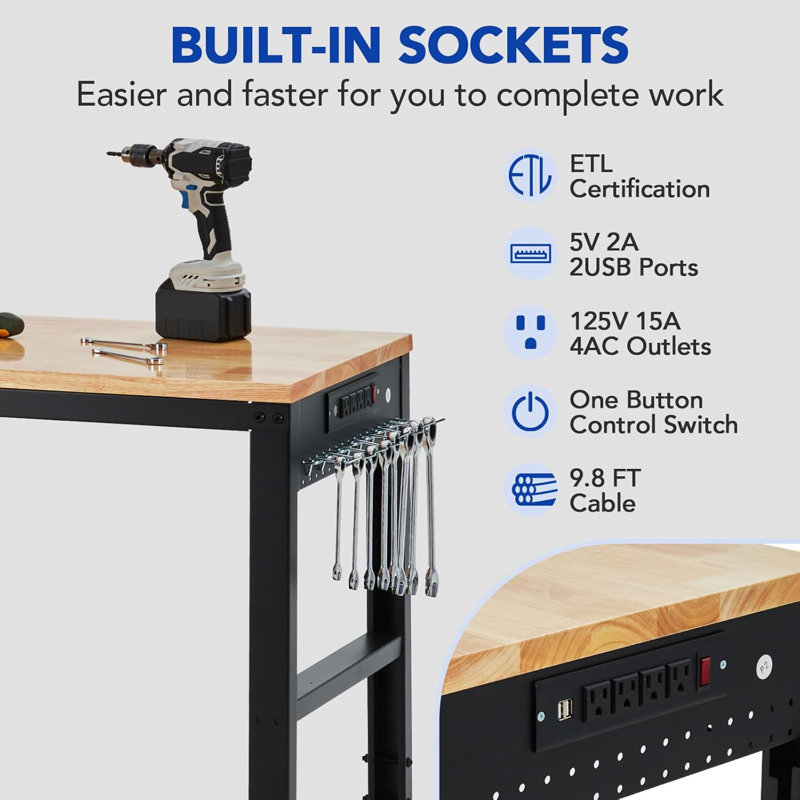 Heavy-Duty Garage Adjustable Workbench, 2000 Lbs Load Capacity, Built-In Power Outlet