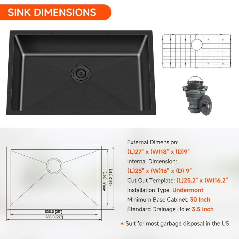 Blenzia 27 Inch Black Undermount Kitchen Sinks 304 Stainless Steel Single Bowl Handmade Gunmetal Black Sinks With Strainer & Grid 27" X 18" X 9"