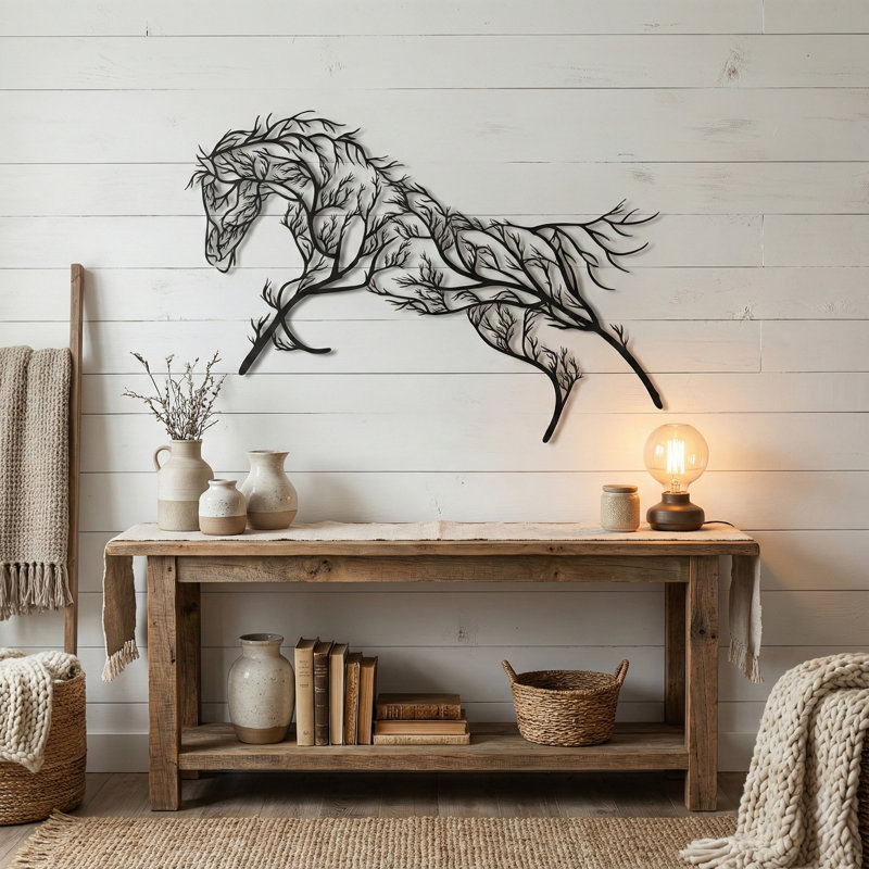 Metal Horse Tree Wall Decor for Home and Outdoor - Geometric Wall Decor, H 21 po x l 39 po x P 0,6 po