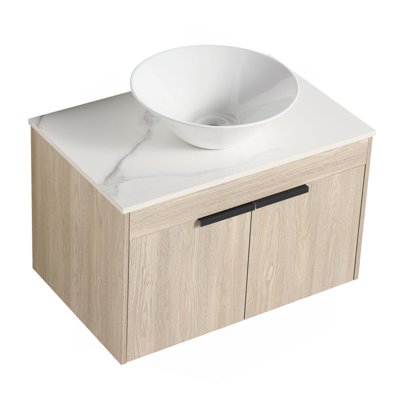 Ensemble de meuble-lavabo moderne 30 po avec lavabo en céramique, meuble-lavabo mural en chêne blanc avec porte à fermeture en douceur, emballage KD, emballage KD, colis de 2 pièces