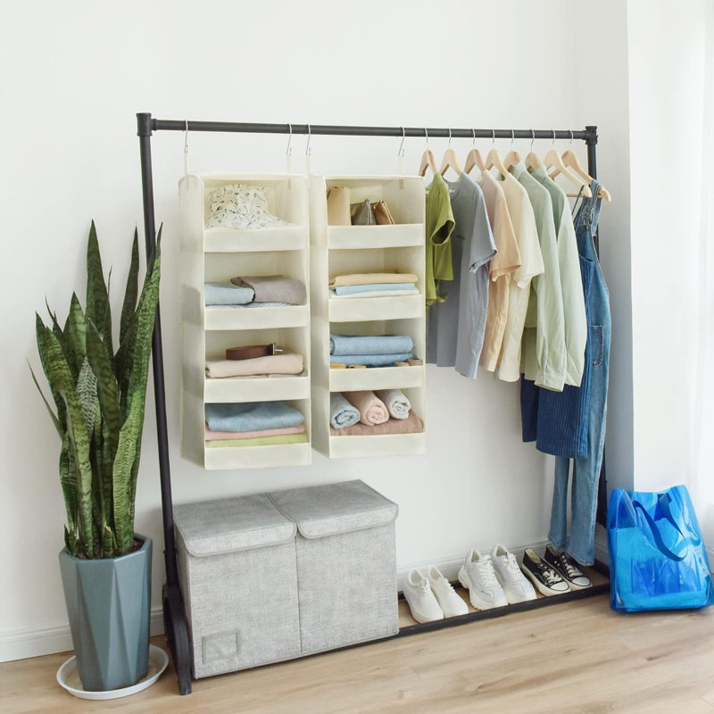 Rangement suspendu à 4 tablettes, tablettes suspendues pour garde-robe, économiseur d'espace pour la chambre à coucher et le salon, beige, paquet de 2