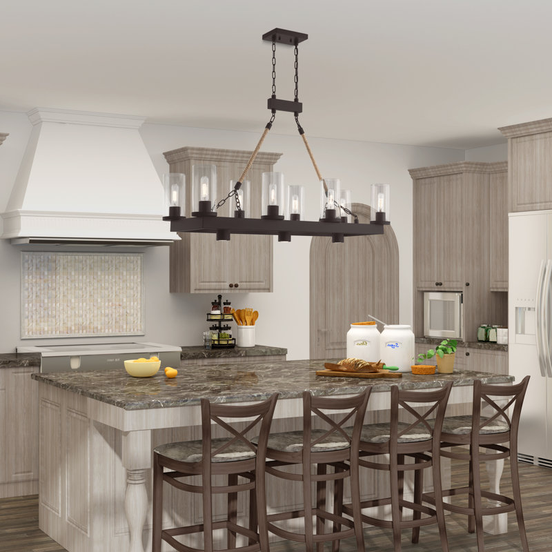 Luminaire suspendu linéaire à 8 lumières pour îlot de cuisine avec détails en corde Beatha, Bronze